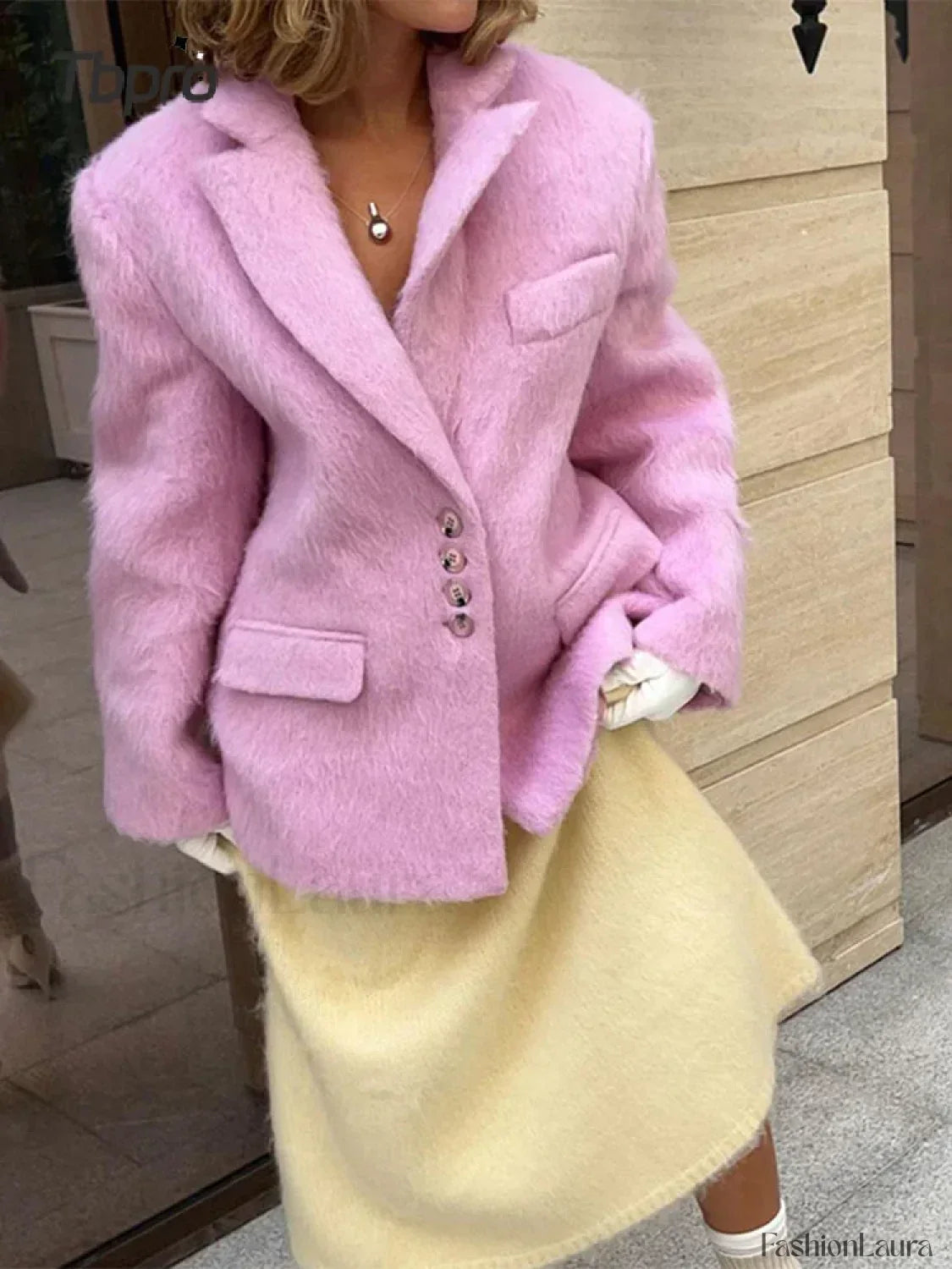 Fashion Pink Lapel Long Sleeves Women Blazer Jacket Loose Overcoats
