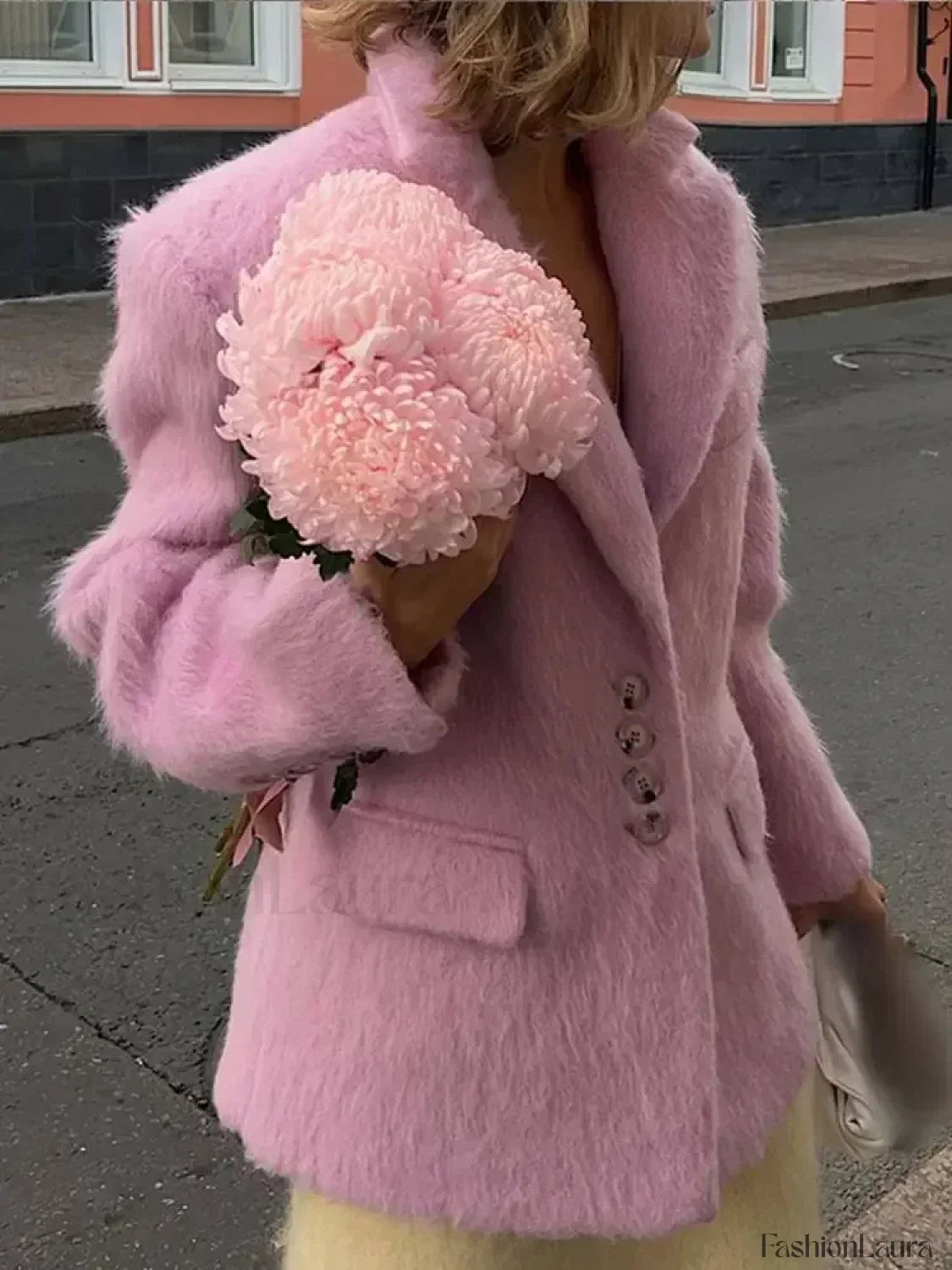 Fashion Pink Lapel Long Sleeves Women Blazer Jacket Loose Overcoats