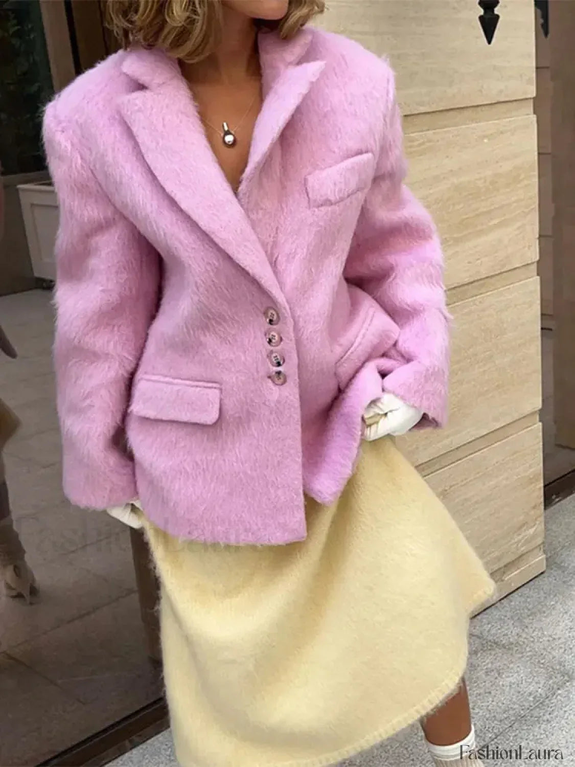 Fashion Pink Lapel Long Sleeves Women Blazer Jacket Loose Overcoats