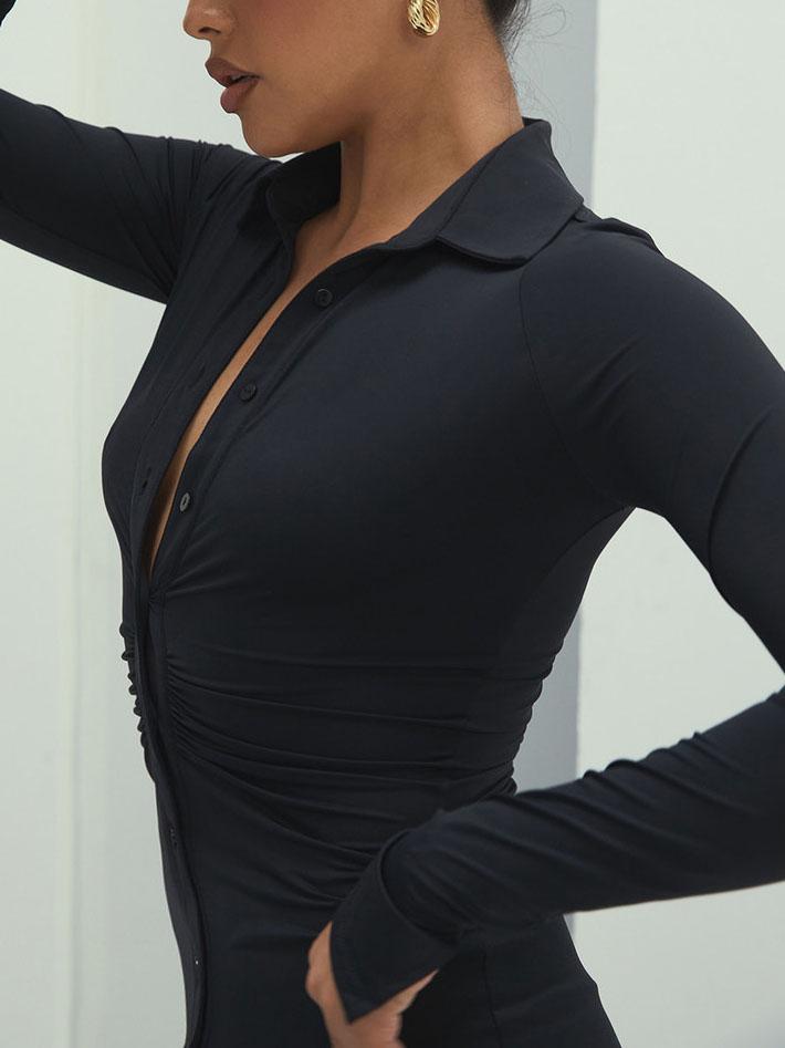 Pleated V neck Long sleeved Bodycon Dress
