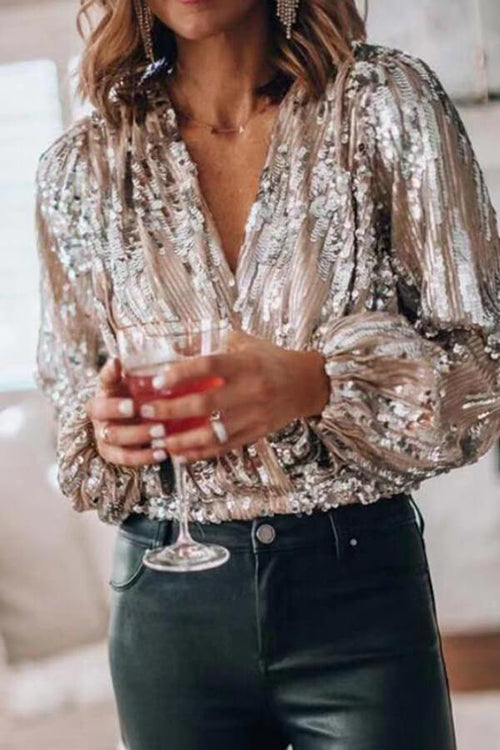 Sequin V Neck Long Sleve Top