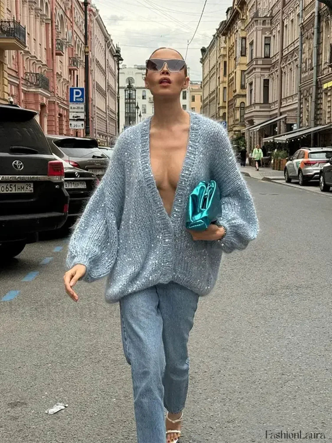 Fashion Shiny Sequins Women Mohair Knitted Cardigan V Neck Long Lantern Sleeve Sweater