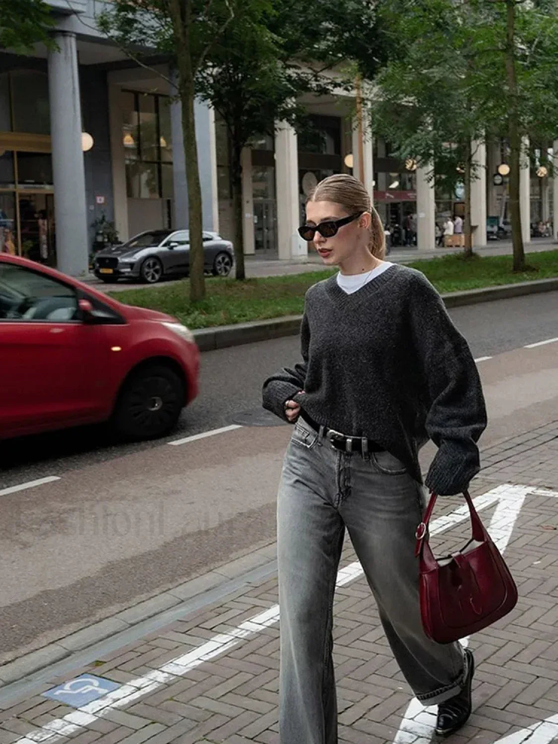 Fashion Solid Color V Neck Knitted Pullover Women Casual Long Sleeves Loose Sweater