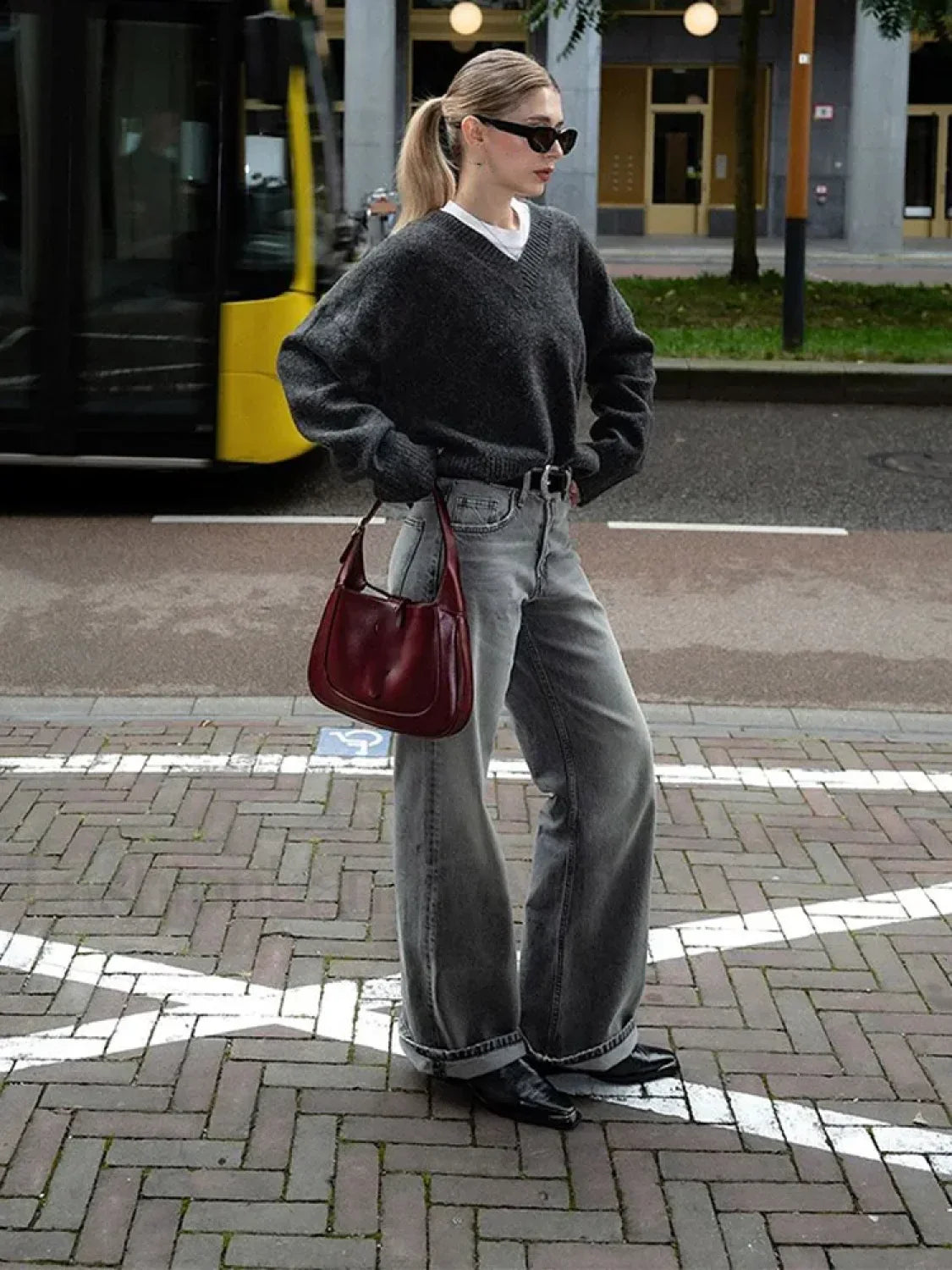 Fashion Solid Color V Neck Knitted Pullover Women Casual Long Sleeves Loose Sweater