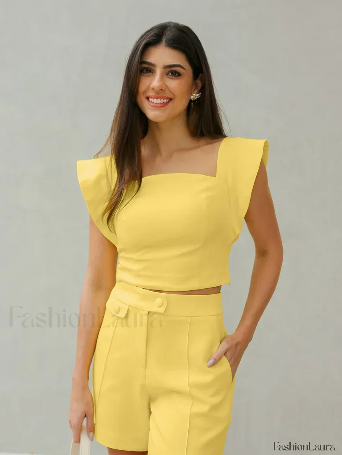 Fashion Square Collar Shorts Two Piece Set