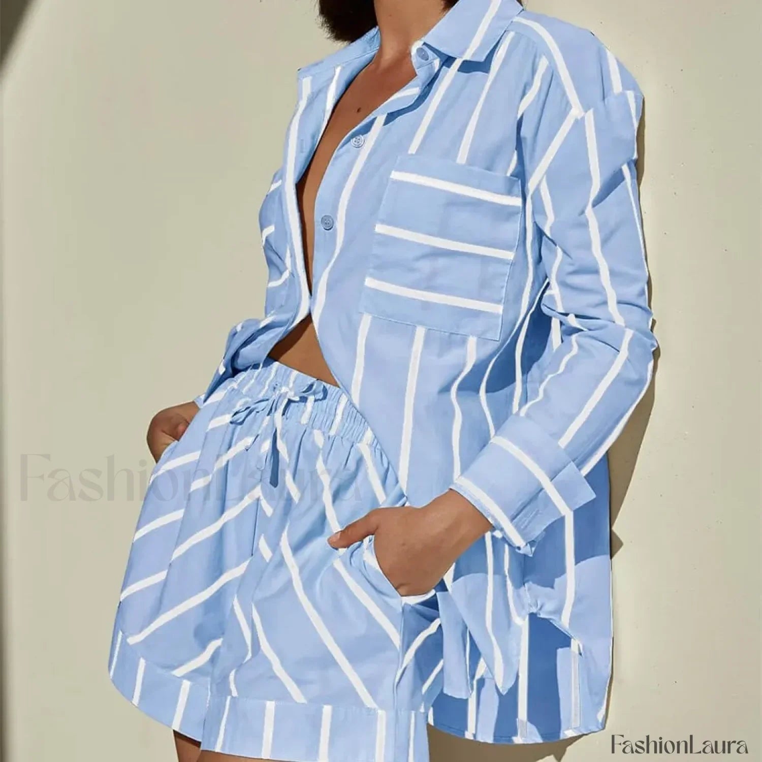 Fashion Striped Buttoned Shirt Shorts Pajamas Two Piece Set