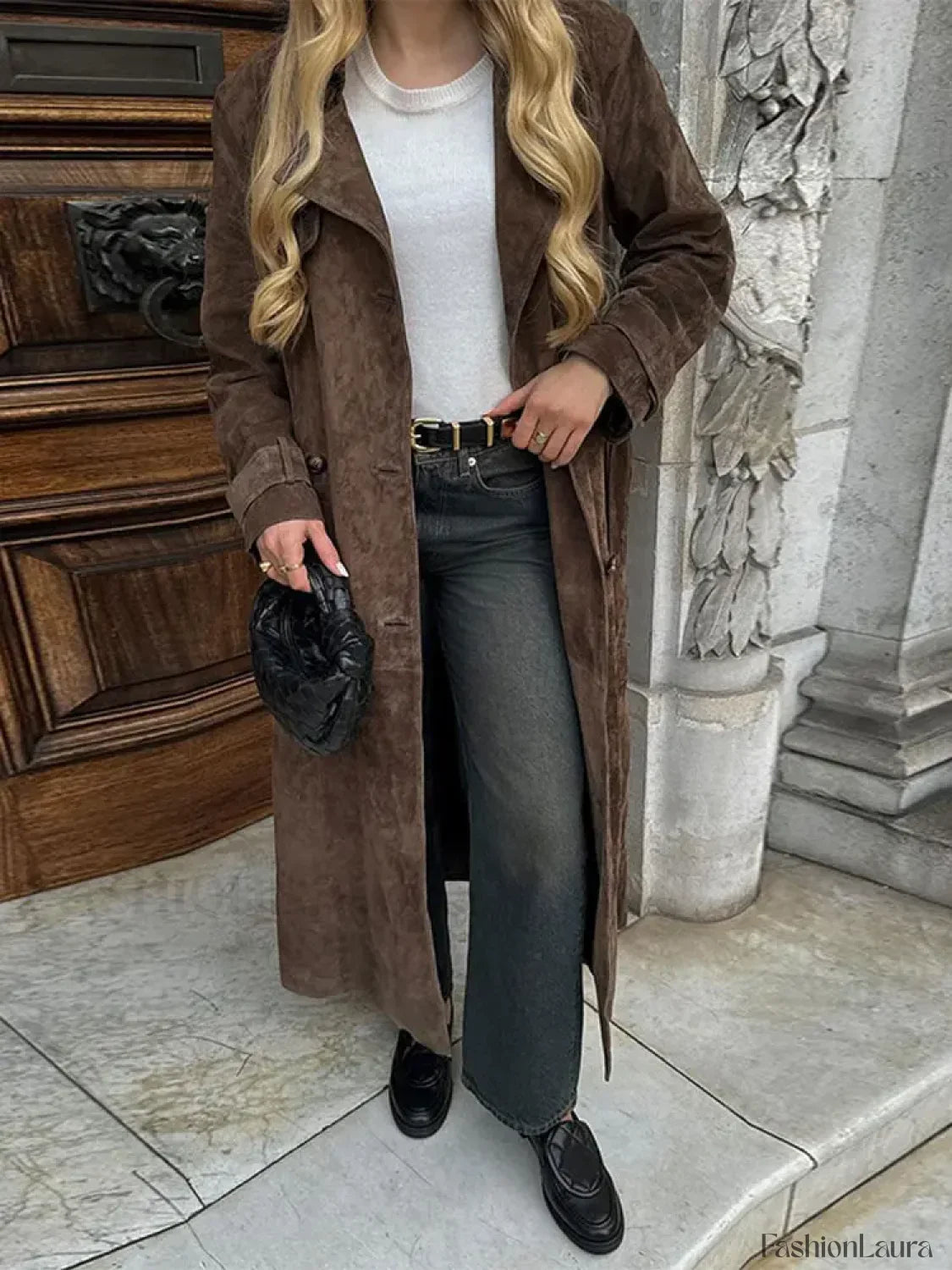 Fashion With Belt Faux Leather Long Overcoats