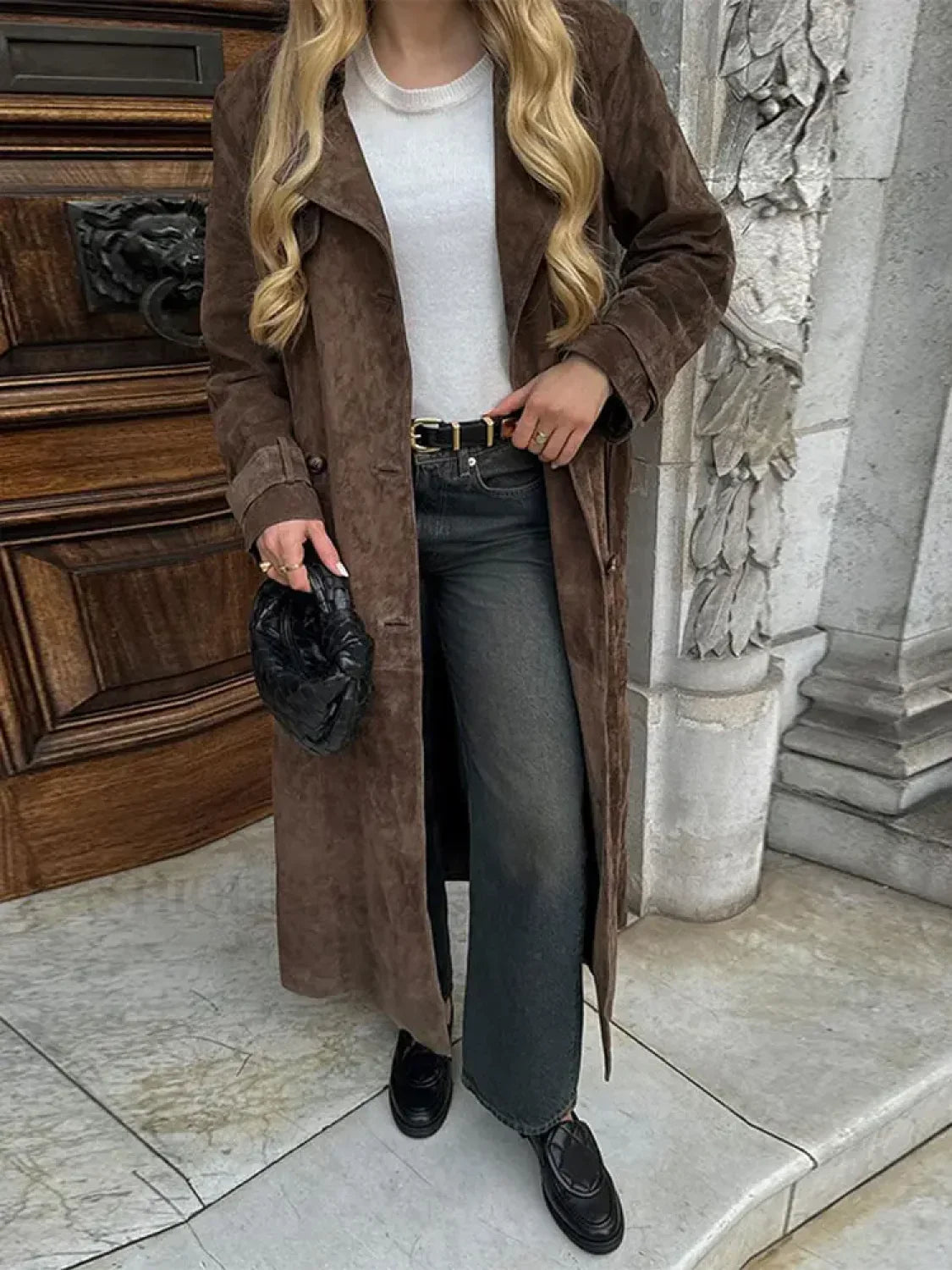 Fashion With Belt Faux Leather Long Overcoats