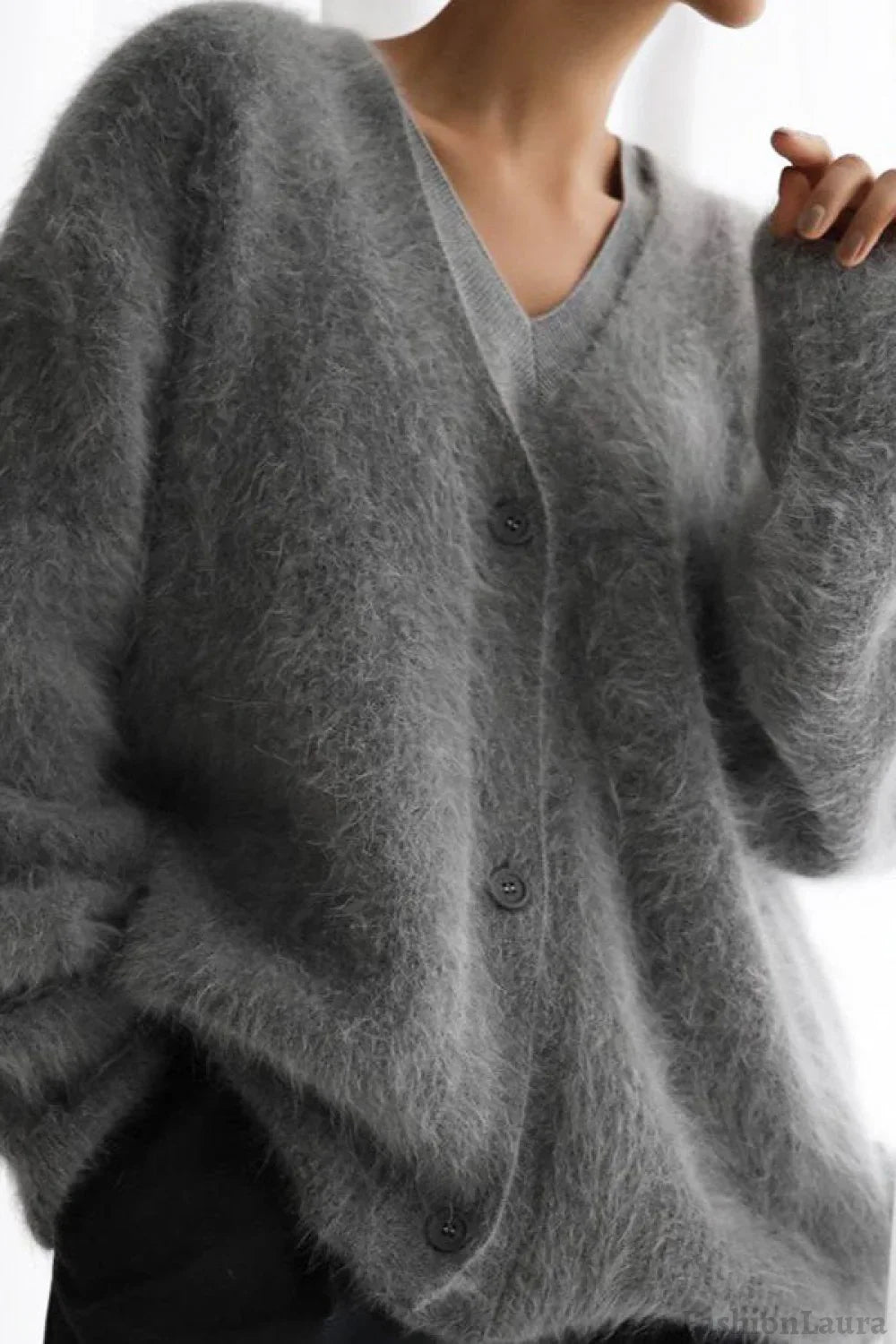 Faux Fur Blend V-Neck Cardigan S / Grey