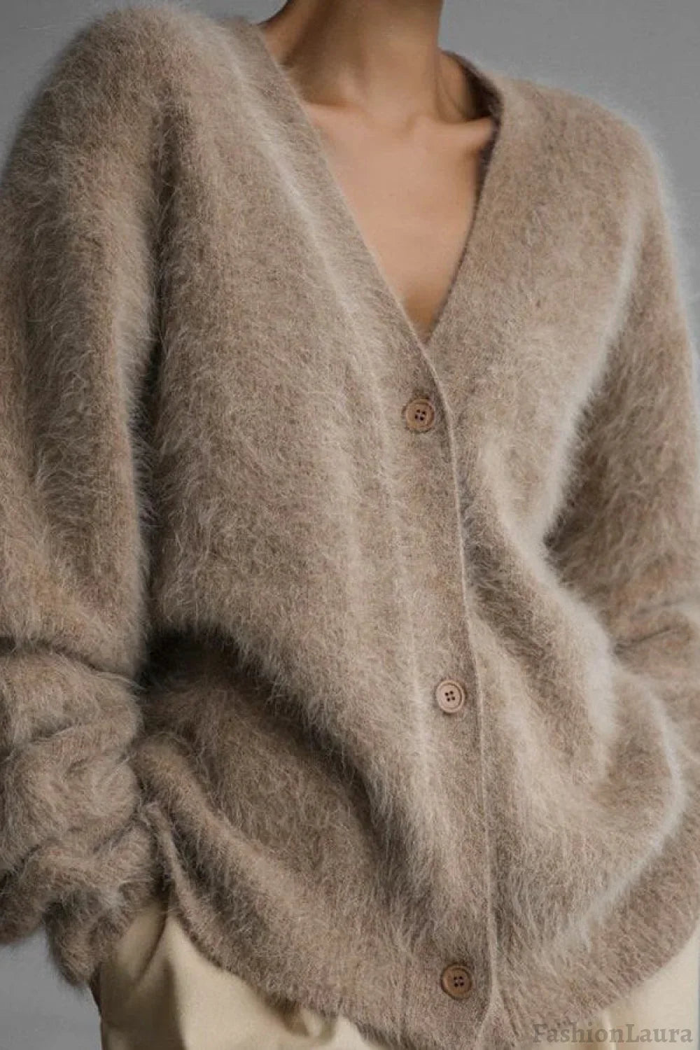 Faux Fur Blend V-Neck Cardigan S / Khaki