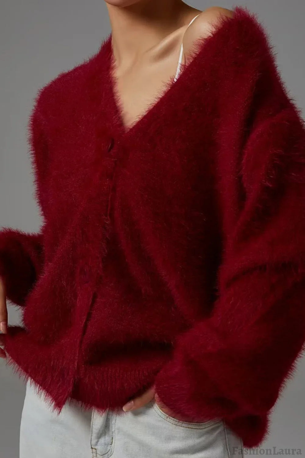 Faux Fur Blend V-Neck Cardigan S / Red