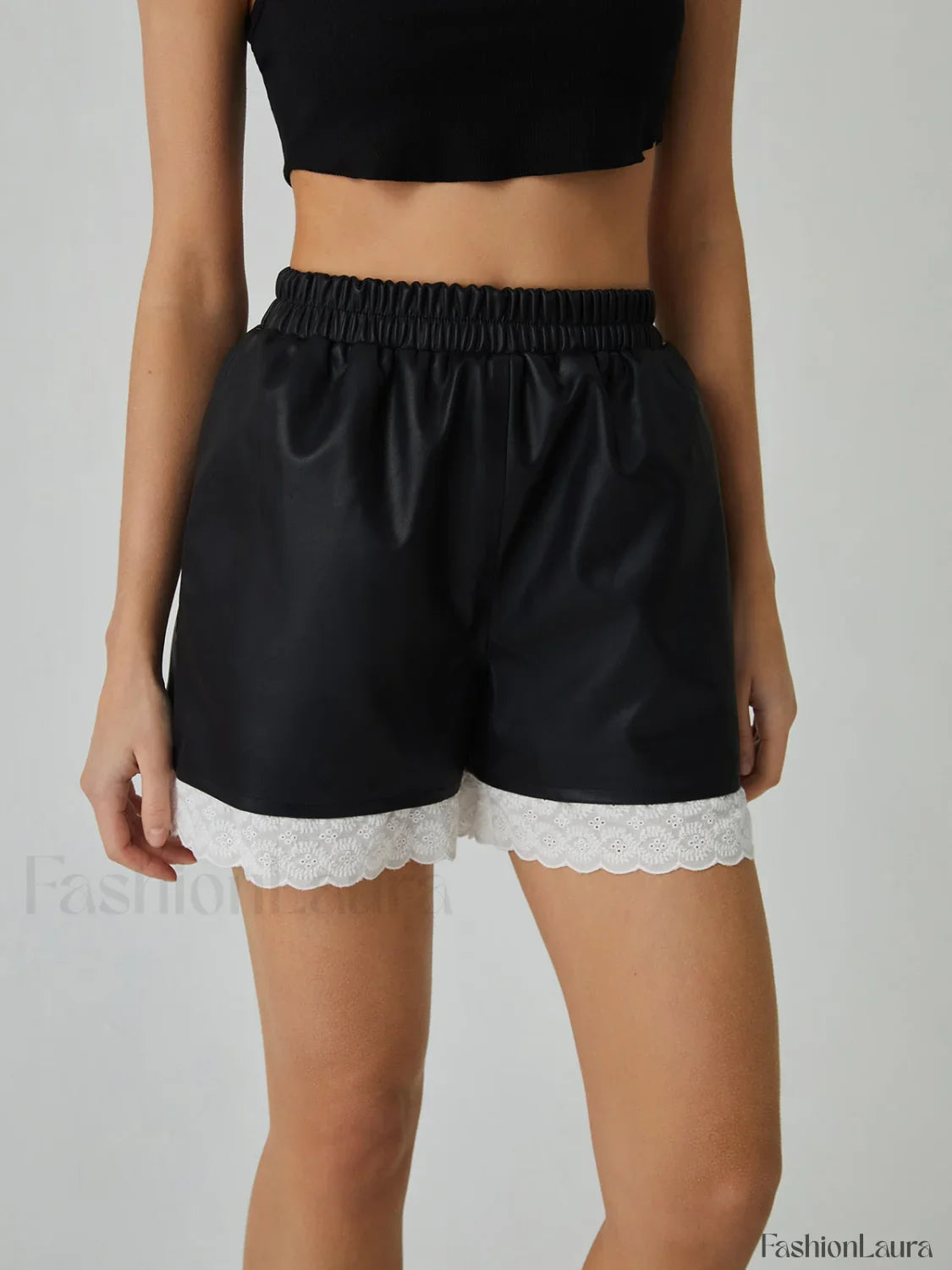 Faux Leather Graceful Lace Patchwork Shorts