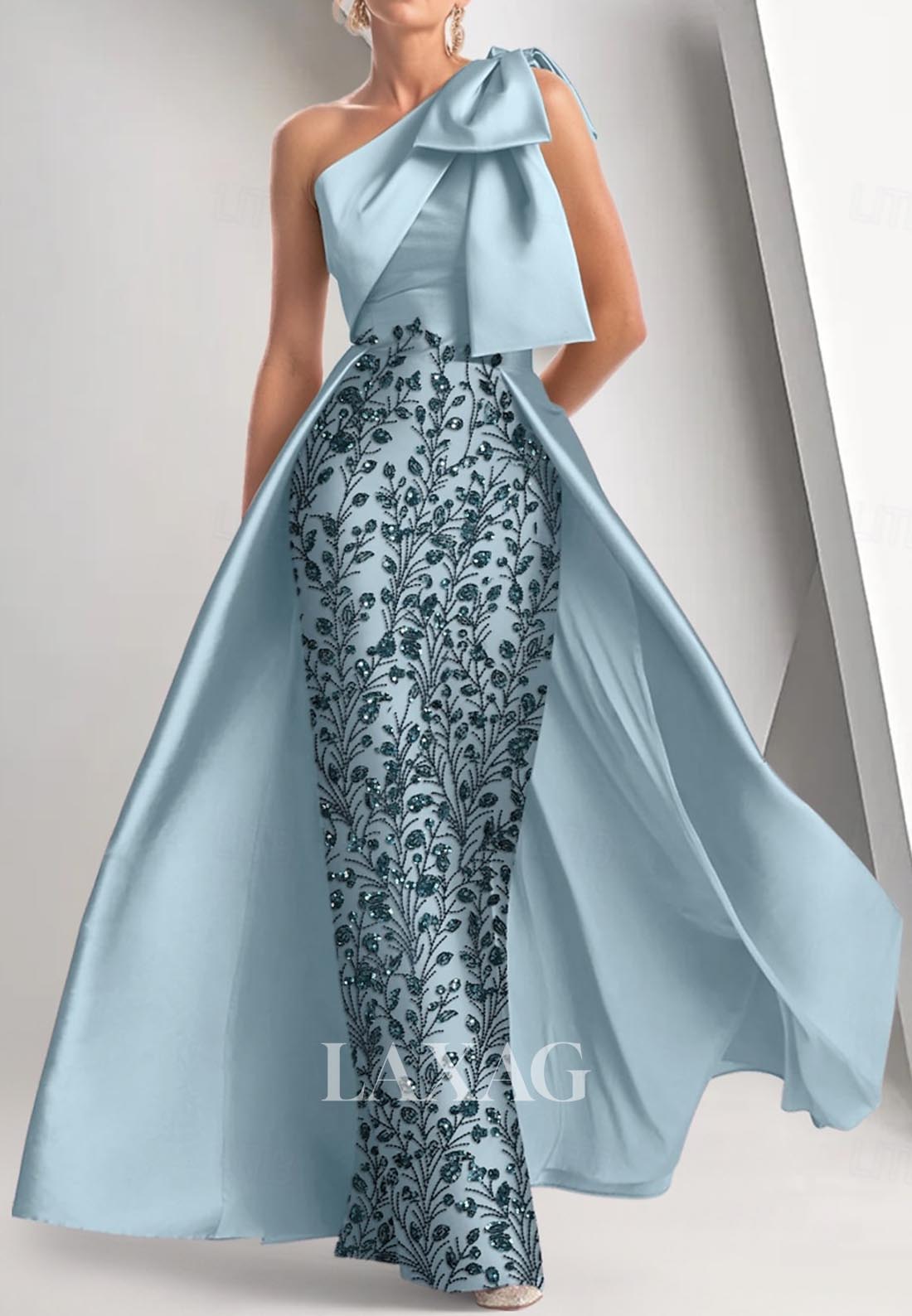 Sequined Embroidered Floor-Length Formal Gowns Asymmetrical-Neck Sleeveless Mermaid Evening Dress