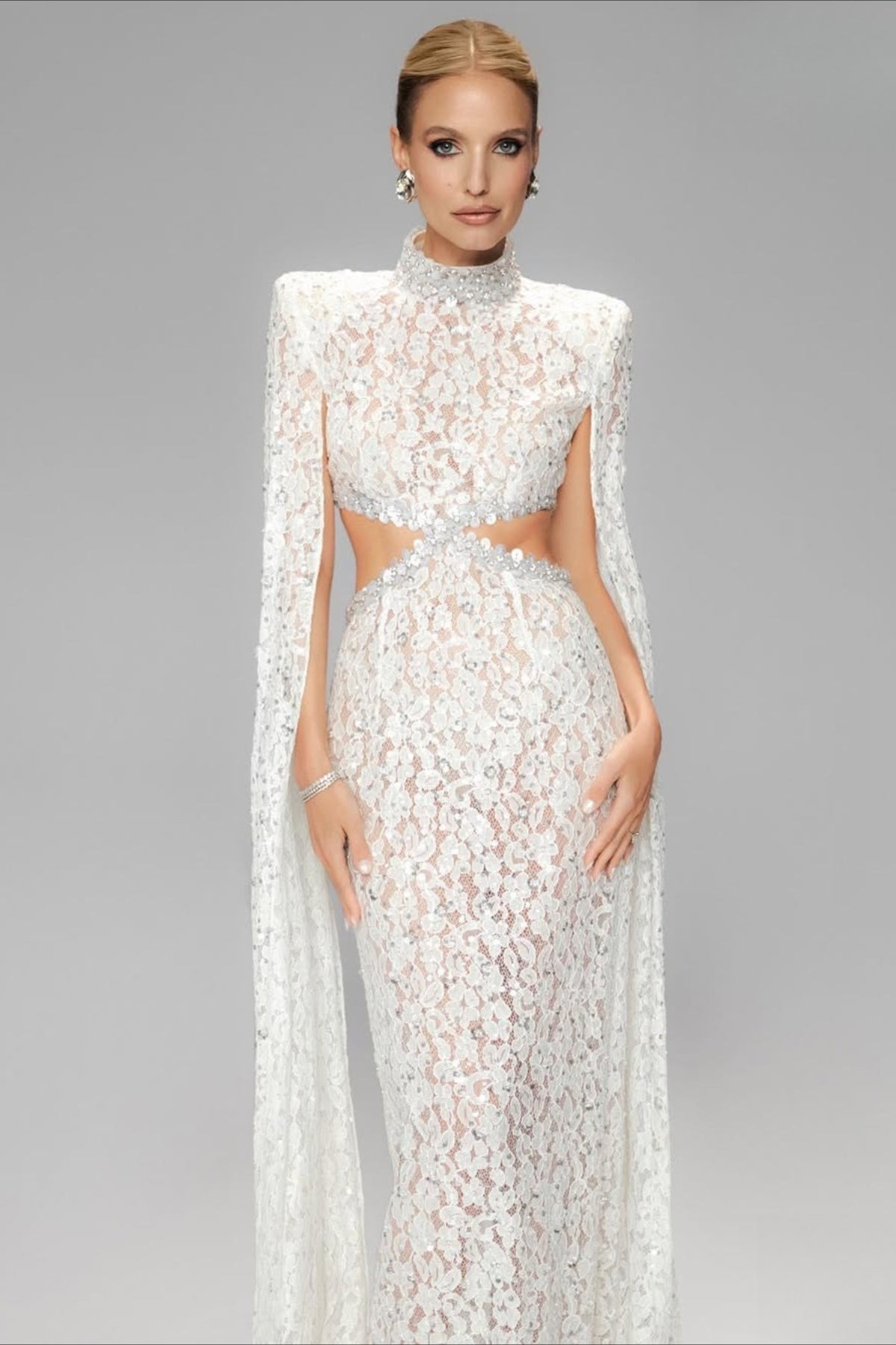 Lace Beaded Sequin Slim Cape Reception Dress