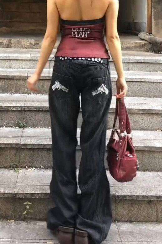 Vintage Washed Distressed Wide-Leg Denim Jeans