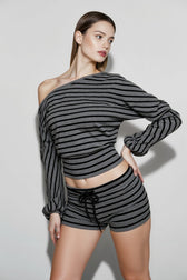Printed Striped Loose Asymmetric Shoulder Blouse