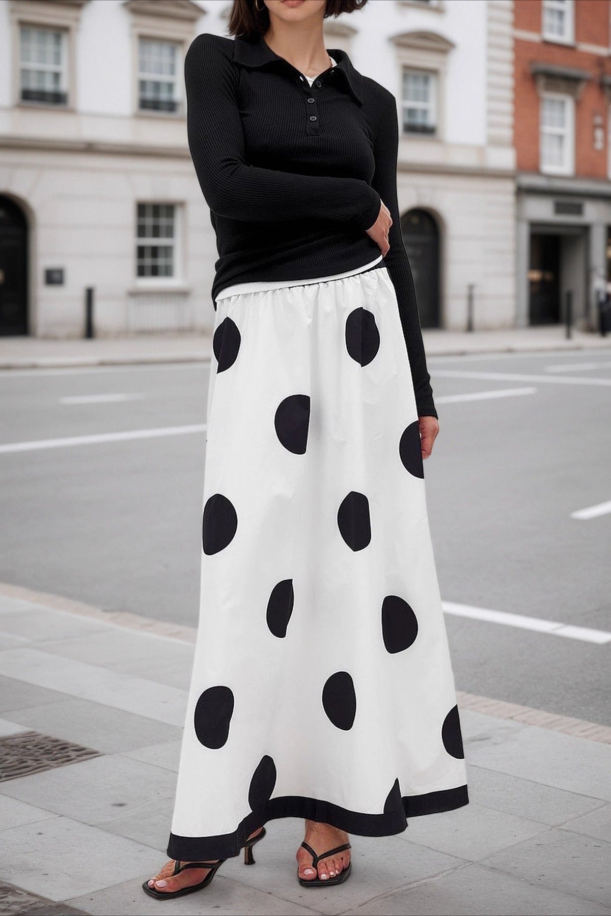 Large Polka Dot Contrast Hem A-Line Maxi Skirt 4
