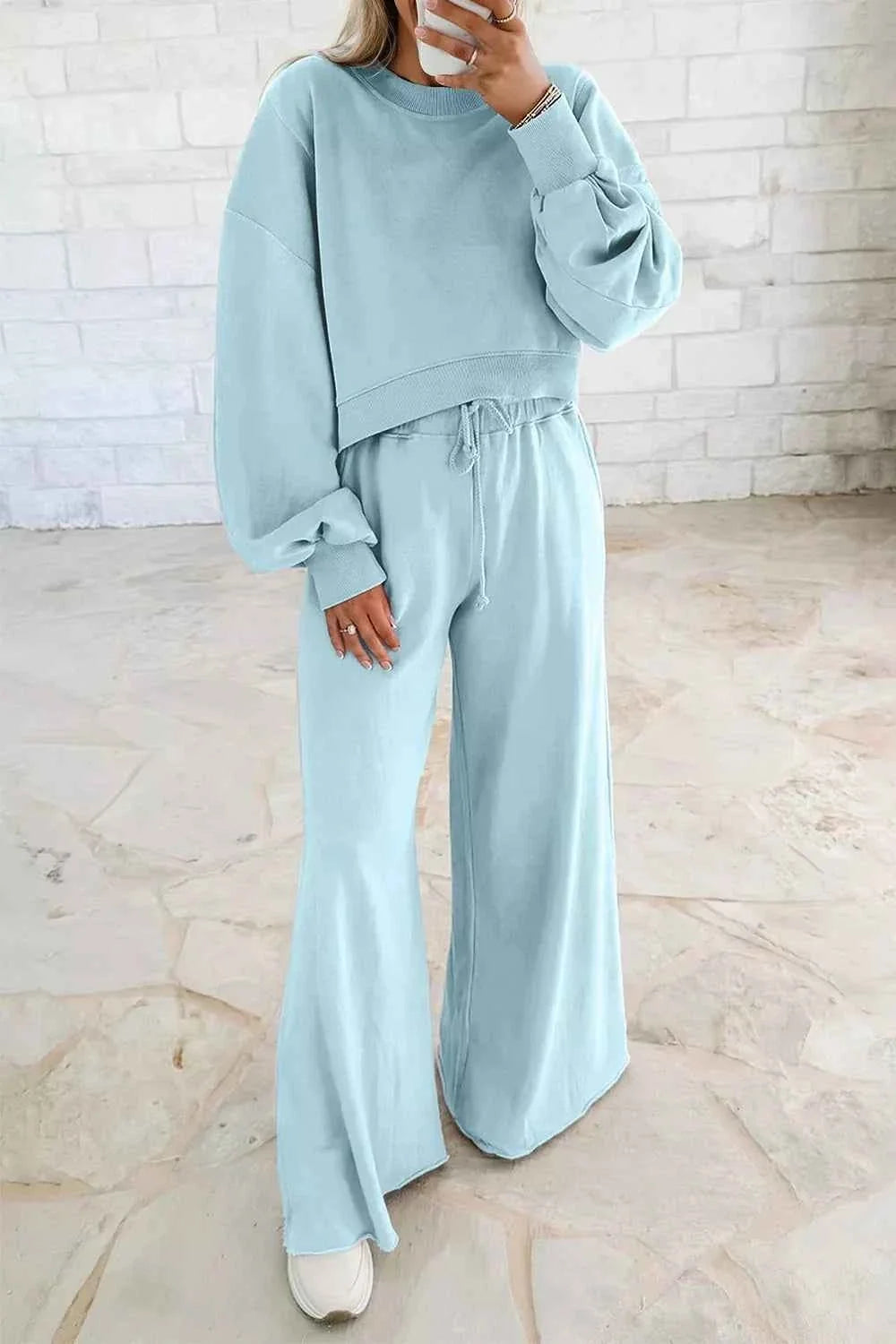 Drop Shoulder Puff Sleeve Crop Pullover Drawstring Wide Leg Pants Set