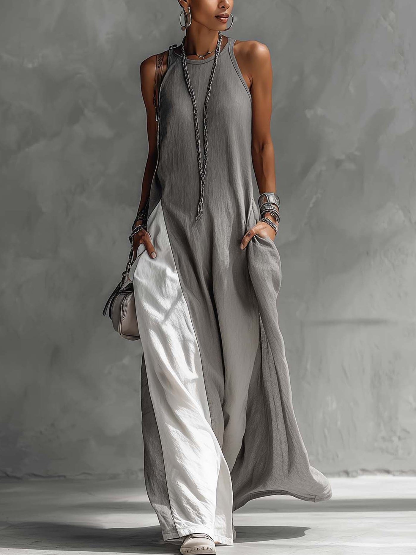 Color Block Sleeveless Linen Look Maxi Dress