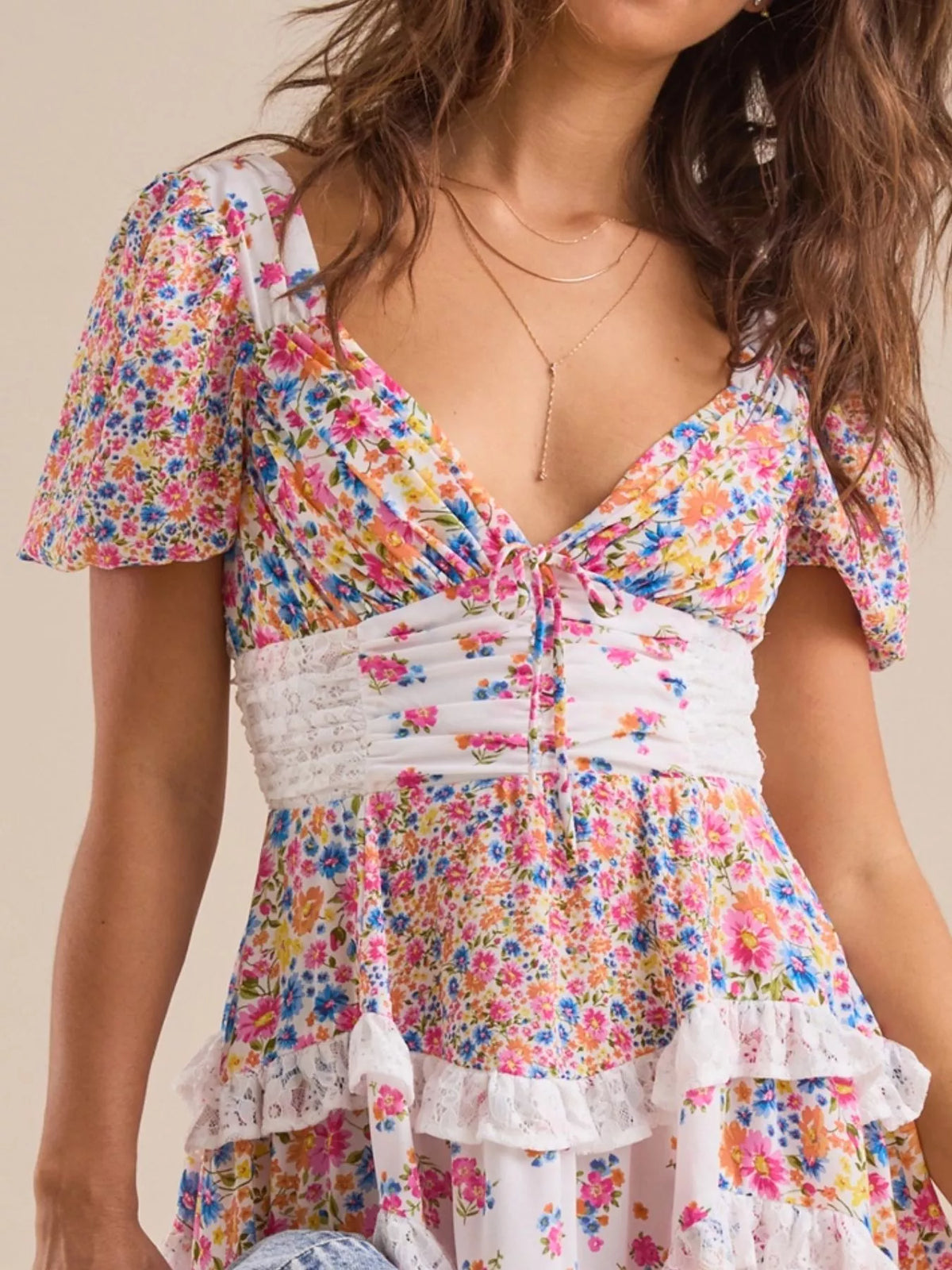 Floral Print Lace Trim Sweetheart Puff Sleeve Tiered Mini Dress 10