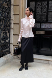 Stand Collar Neck Tie Slim Fit Workwear Long Sleeve Blouse
