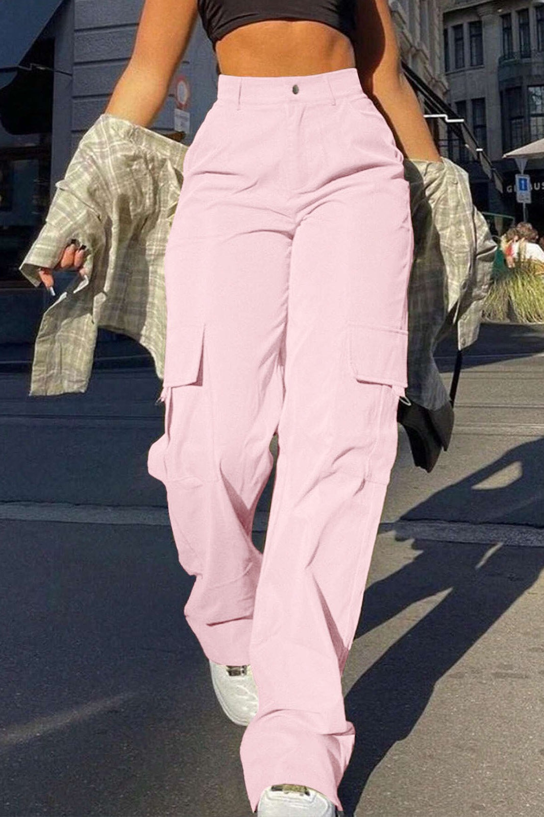 Street Style High Waist Multi Pocket Cargo Straight Loose Pants