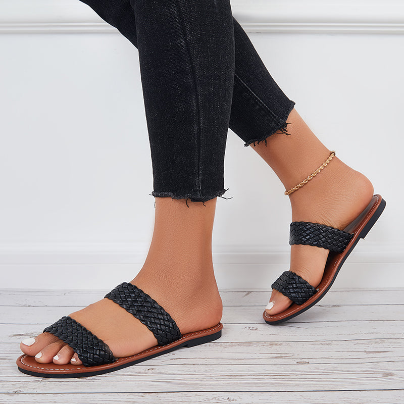 Open Toe Flat Sandals Braided Strap Slides Woven Leather Slippers