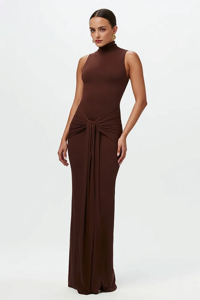 Solid Crew Neck Sleeveless Tie Bodycon Party Dress