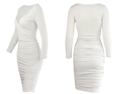 Deep V-Neck Long Sleeve Ruched Bodycon Midi Dress