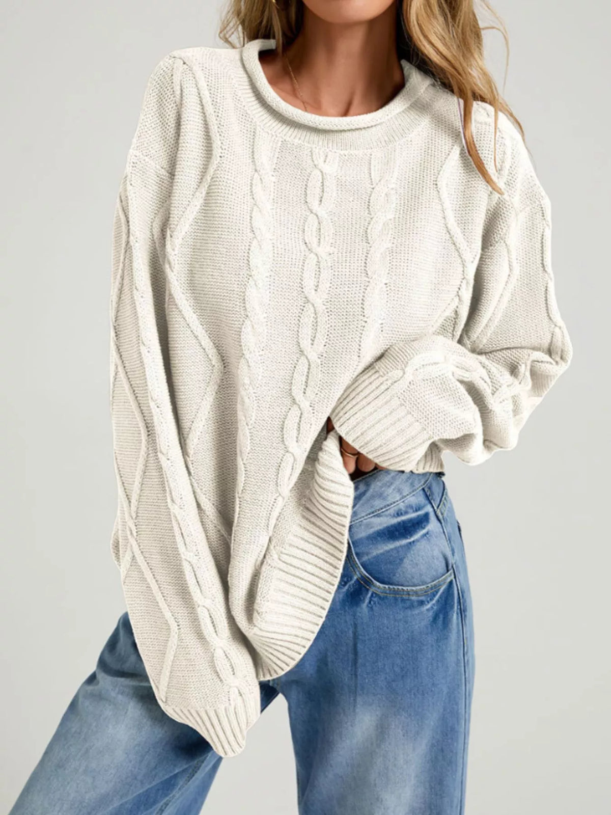 Crew Neck Long Sleeve Cable Knit Side Slit Oversized Sweater 9