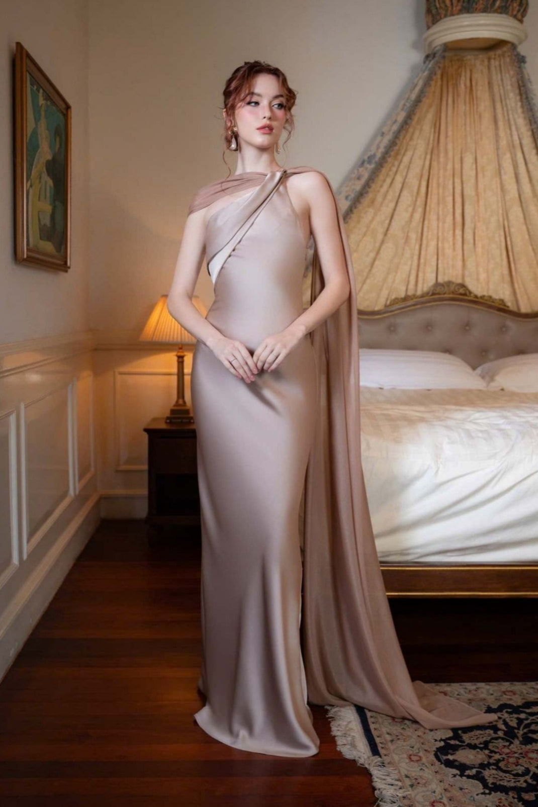 Satin One Shoulder Draped Cape Sheath Gown