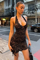 Deep V-Neck Lace Backless Bodycon Mini Lace Dress