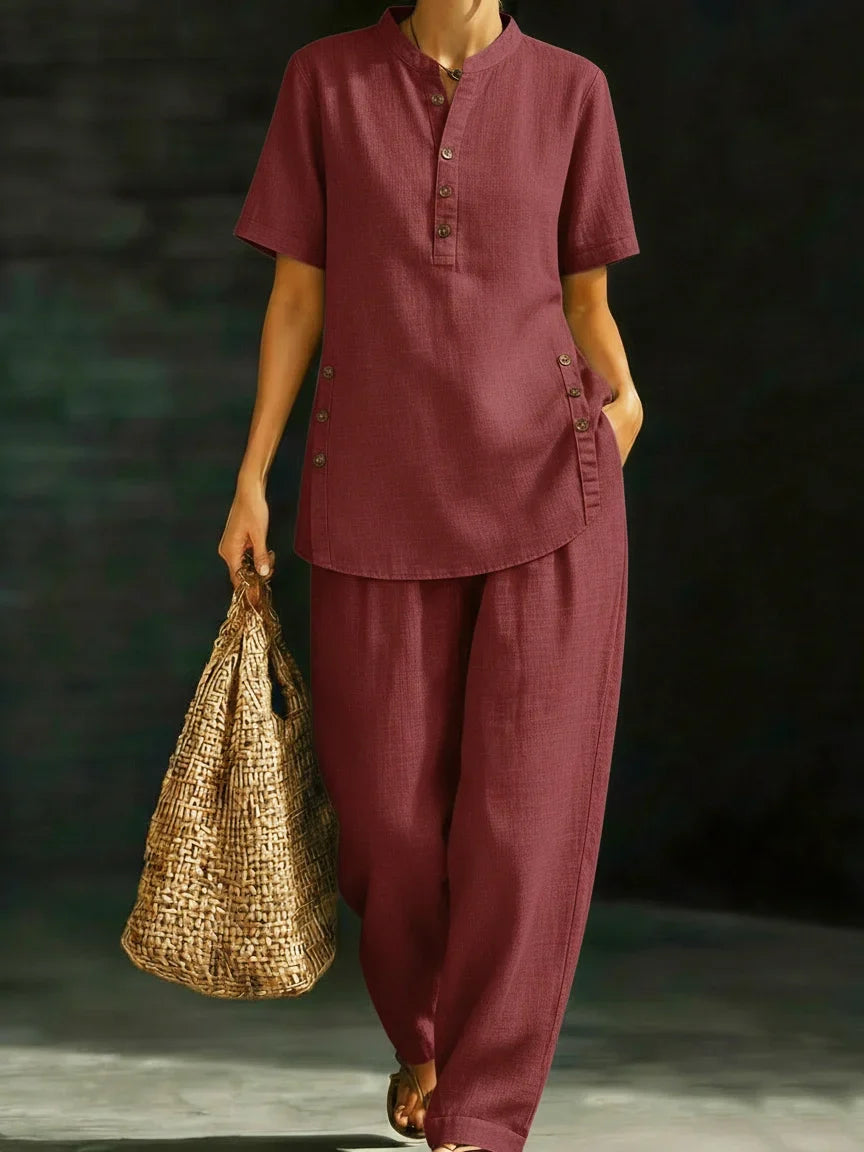 Short Sleeve Button Placket Top and Tapered Pants Two Piece Set