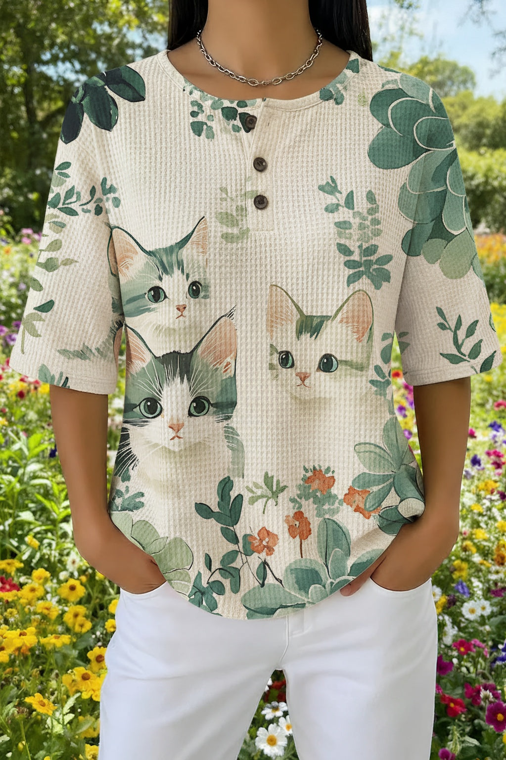 Womens Beige Leafy White Cat Print Casual Shirt