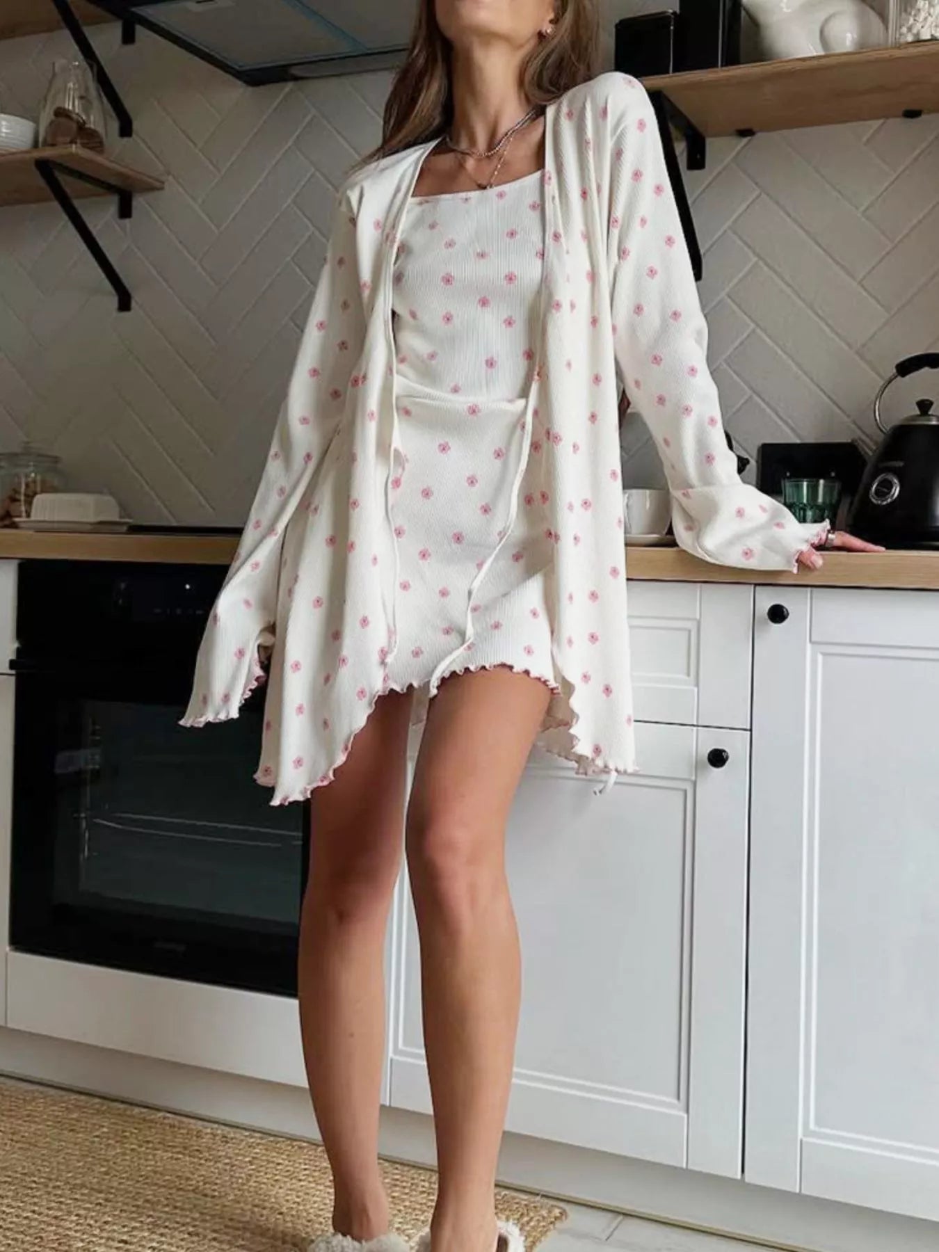 Floral Print Cami Dress and Cardigan Lounge Set