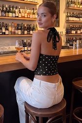 Polka Dot Print Lace Trim Halter Top