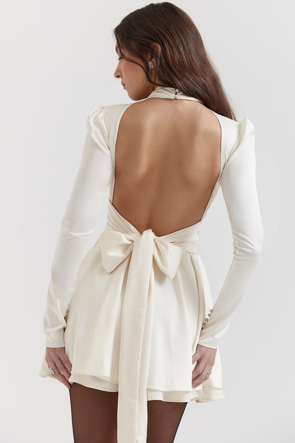 Satin Mock Neck Long Sleeve Open Back Bow Tie Skater Mini Dress 7