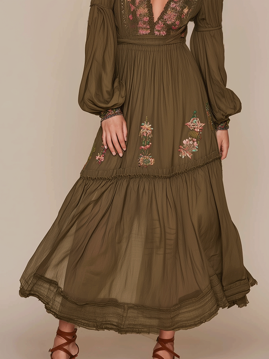 Elegance Floral Romance Olive Boho Maxi Dress - FashionAxe
