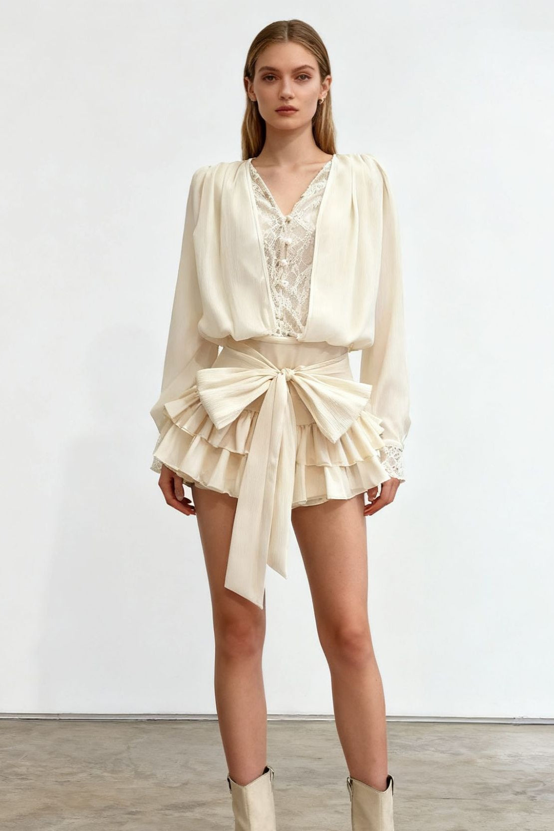 V-Neck Long Sleeve Lace Panel Bow Waist Tiered Ruffle Mini Dress