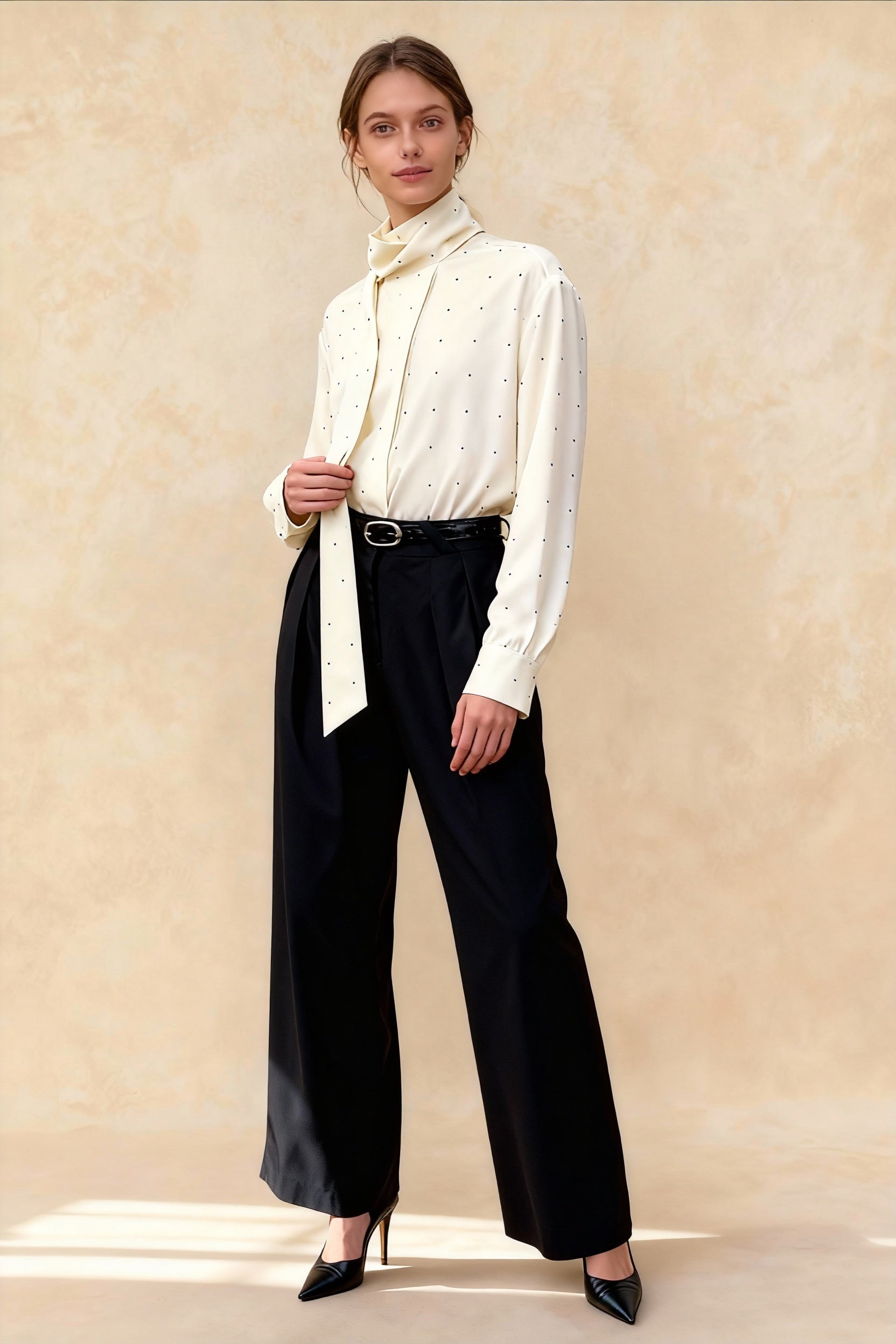 Polka Dot RibbonTie Loose LongSleeve Blouse