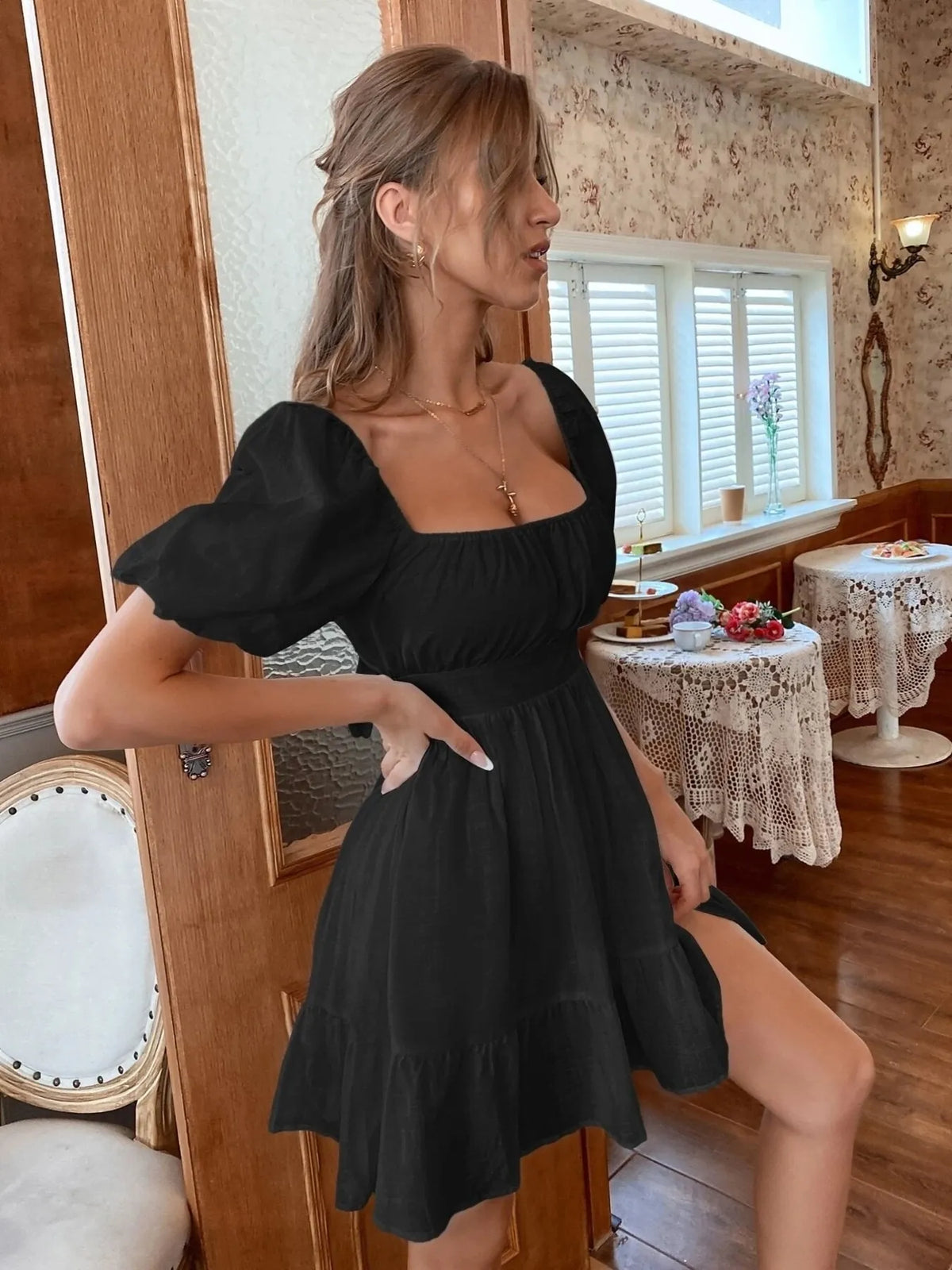 Square Neck Puff Sleeve Mini Dress