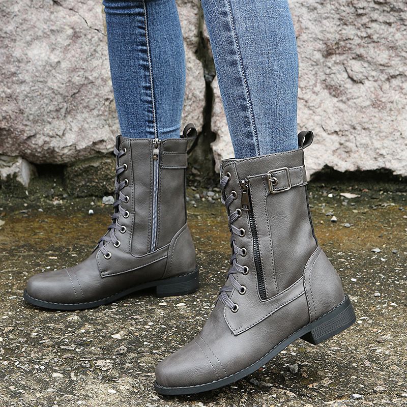 Lace Up Side Zip Buckle Block Heel Combat Boots