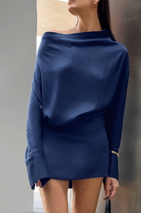 Blue Satin Asymmetric Mini Dress - View 4