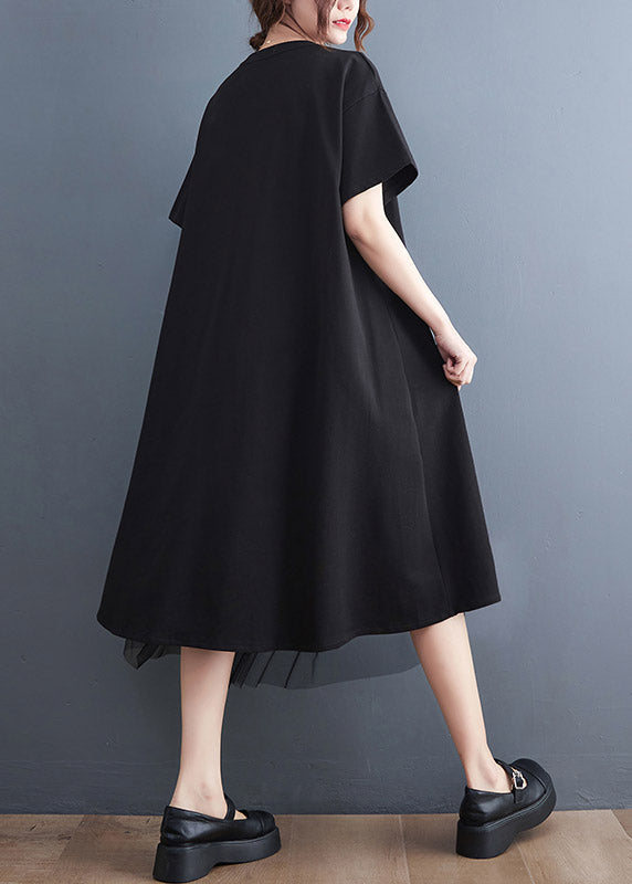 Diagonal Zip Mesh Layer Asymmetrical Hem Short Sleeve Midi Dress