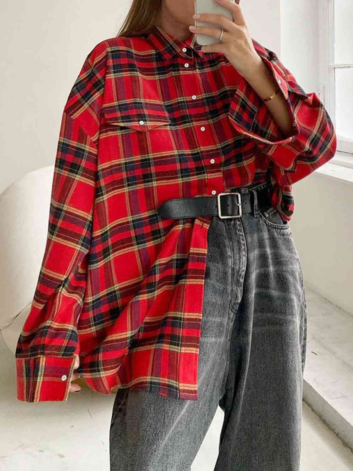 Plaid Collared Drop Shoulder Long Sleeve Oversized Button Front Shirt