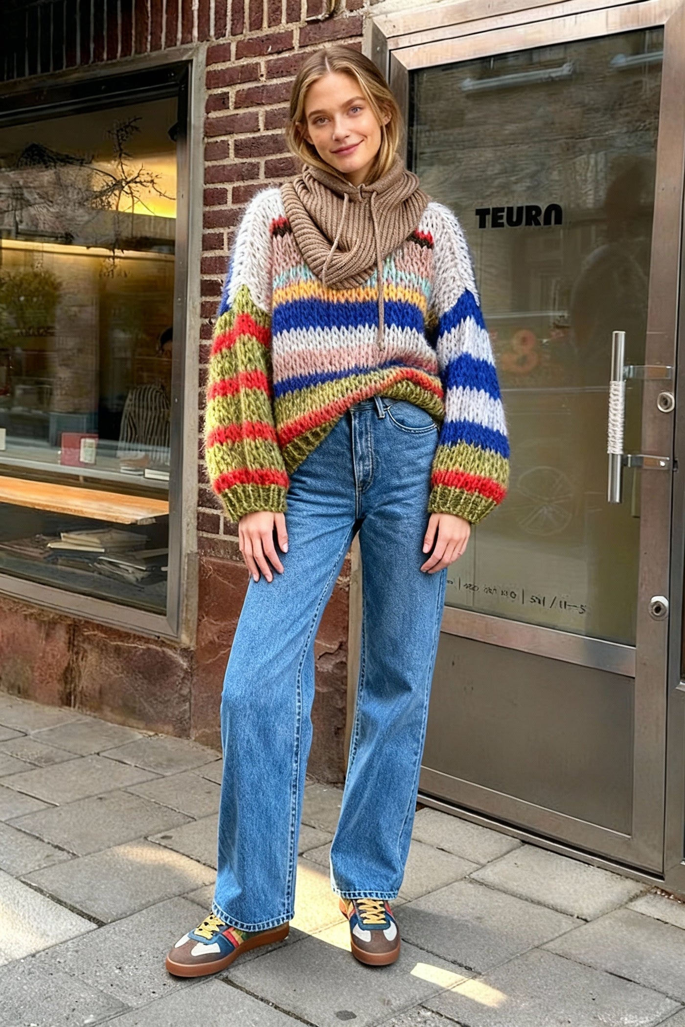 Fashion Contrasting O Neck Hollow Out Knitted Pullover Women Long Sleeve Loose Sweater
