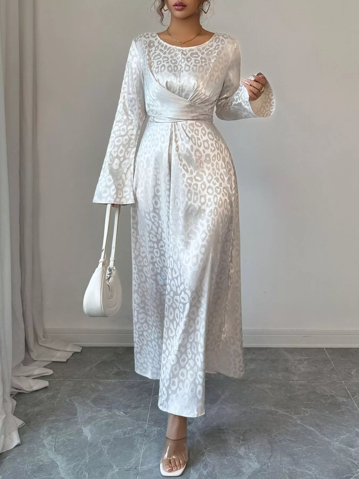 Leopard Satin Jacquard Crew Neck Long Sleeve Twist Front Maxi Dress 3