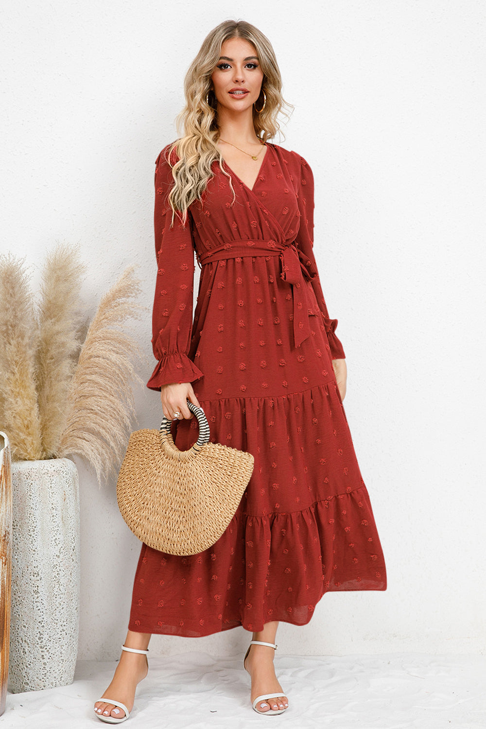 Swiss Dot Tied Surplice Flounce Sleeve Dress Red Orange