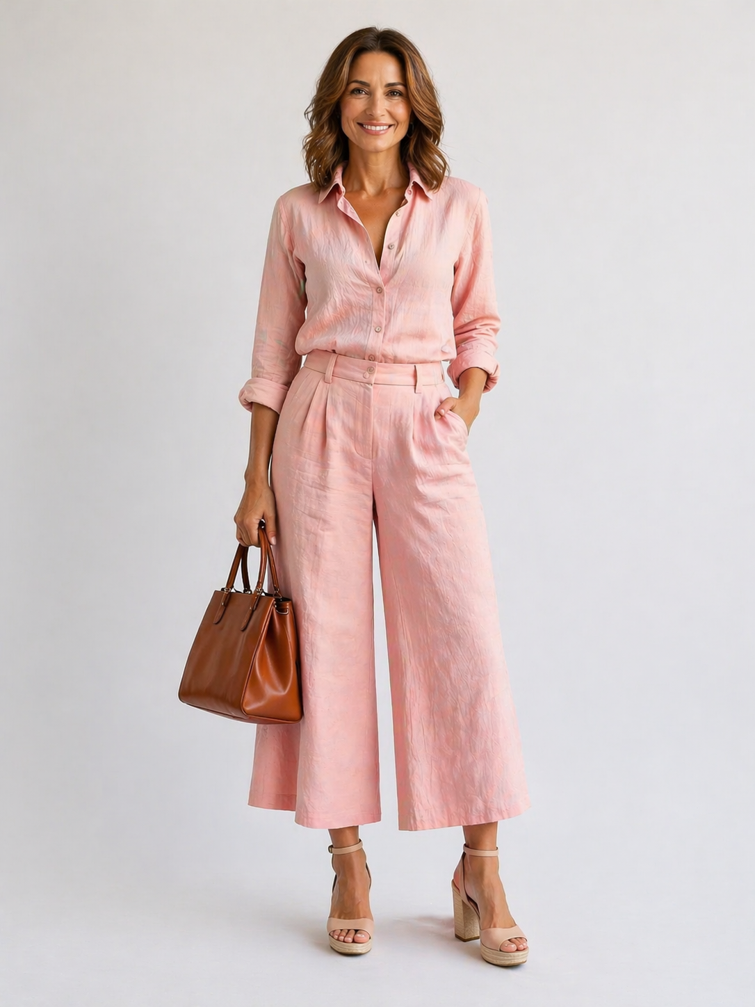 Button Front Shirt and Wide Leg Culotte Two Piece Set