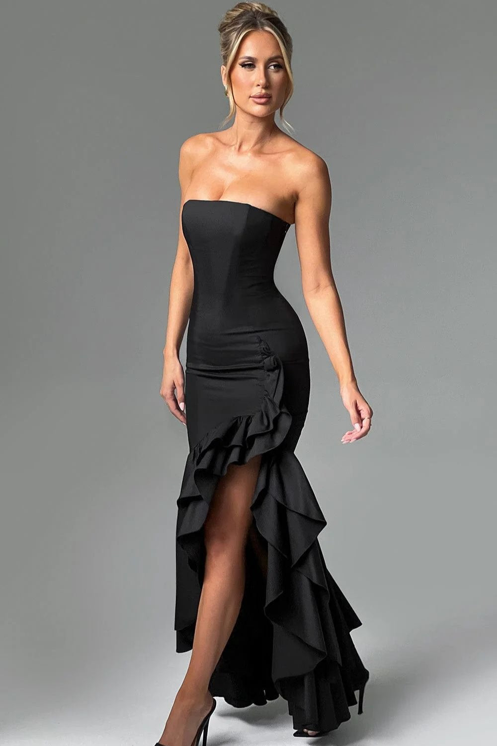 Chic Strapless Slit Backless Maxi Birthday Dress